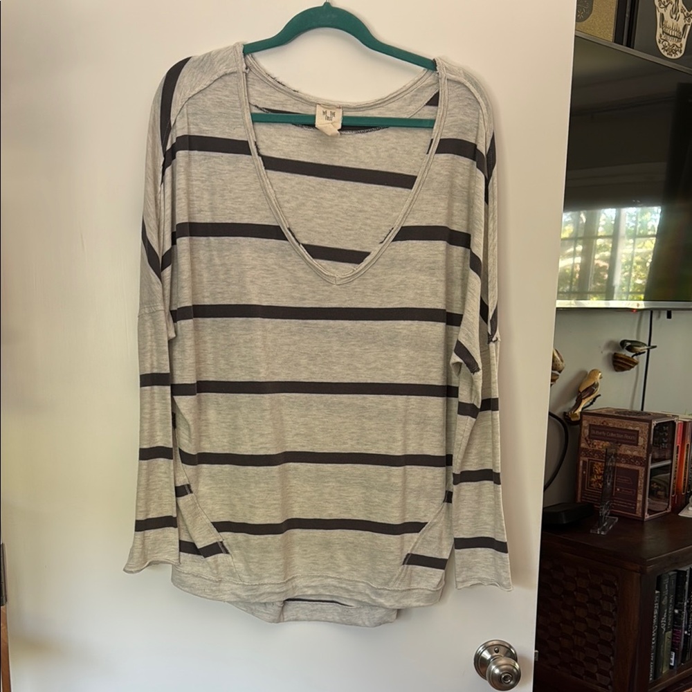 We The Free Gray Striped Long Sleeve Relaxed Tee
